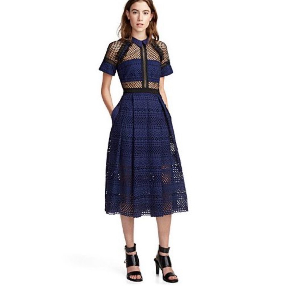 Self-Portrait Raglan Detail Midi Dress Navy Lace & Mesh US 4💙